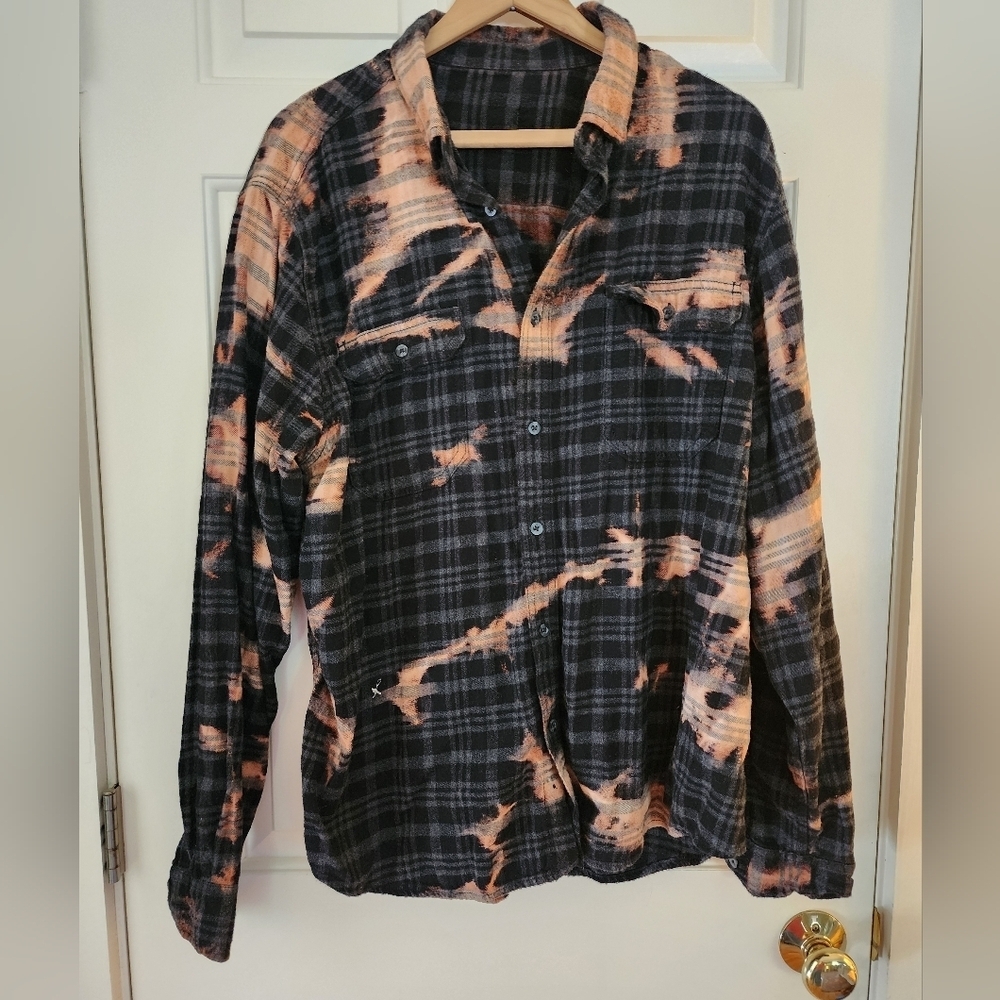 Plaid Gray & Black Flannel Bleach Distressed  Size Xl Grunge Goth Biker Fall